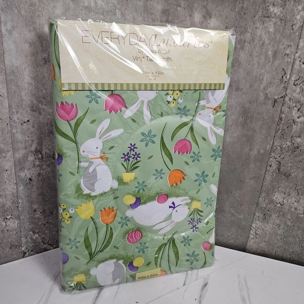 Easter Cotton Tail Bunny Party Vinyl Flannel Backed Spring Tablecloth Cottage St